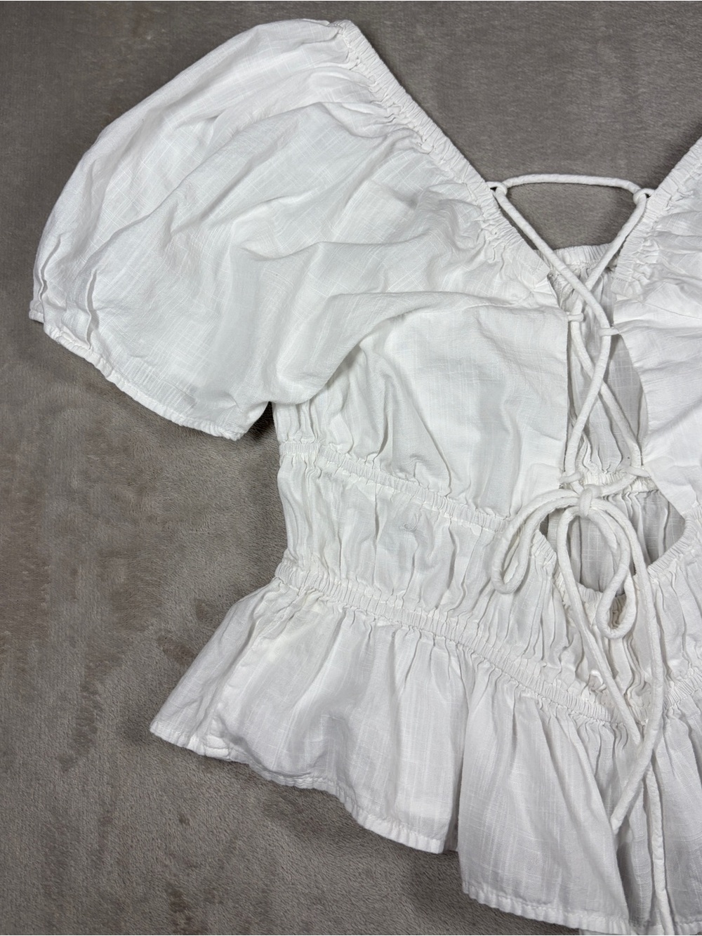 Free People White 100% Cotton Cropped Puff Sleeve Lace Up Blouse Top Size Large - Picture 13 of 16